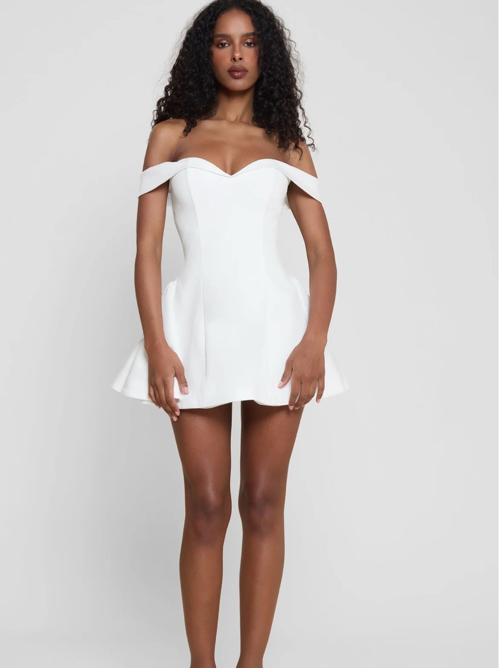 LEAU RAQUEL BABYDOLL DRESS Off-Shoulder White Mini Dress